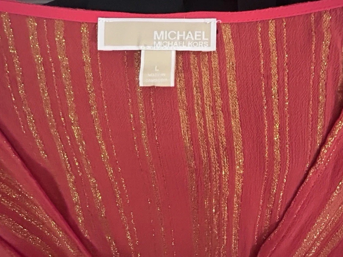 Abito estivo donna Michael Kors arancione righe metallizzate scollo a V avvolgente taglia L nuovo senza etichette