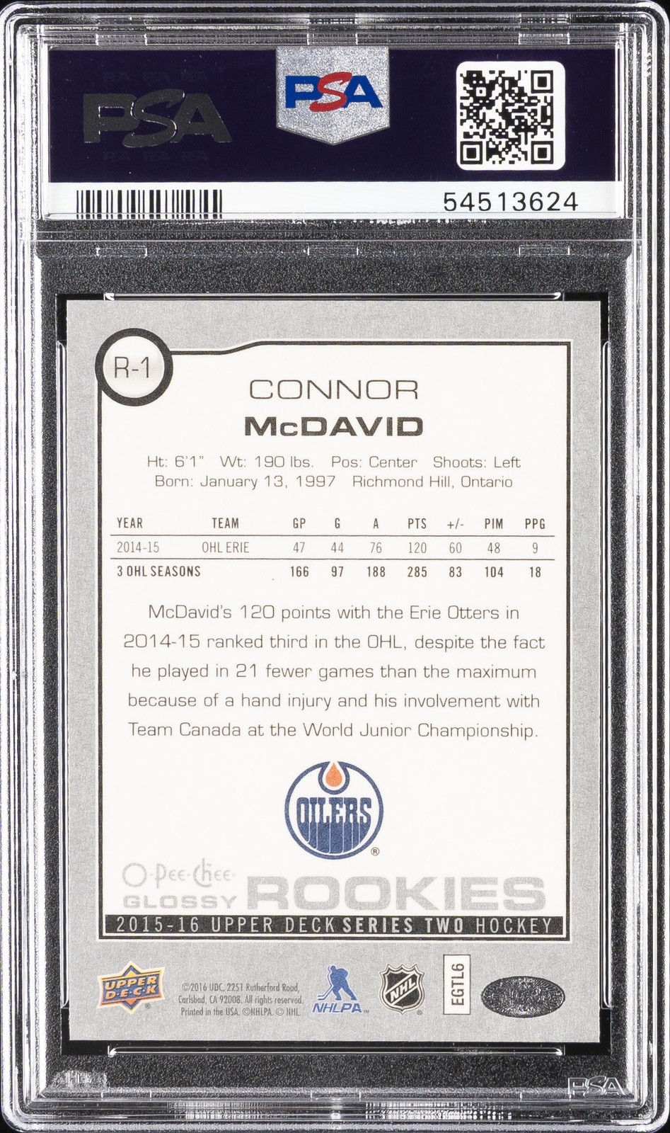 2015 UD O-PEE-CHEE GLOSSY ROOKIES #R-1 CONNOR MCDAVID ROOKIE RC PSA 10 view 2