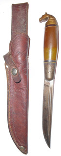 Vintage Knife Finnish Horsehead Puukko Galalite Handle 7 3/8" German Sheath VGUC
