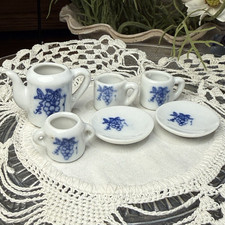 Flow BlueDollhouse Miniature Ceramic Tea Coffee Set White/Blue 6pc Teapot Cups
