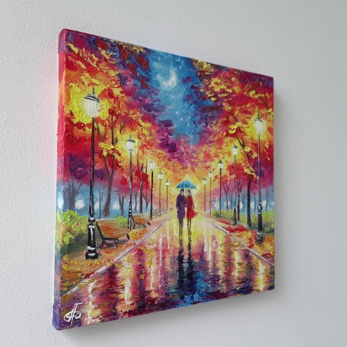 Original Oil Painting Vibrant Autumn Park Scene Couple Umbrella Canvas Wall Art - Picture 10 of 24