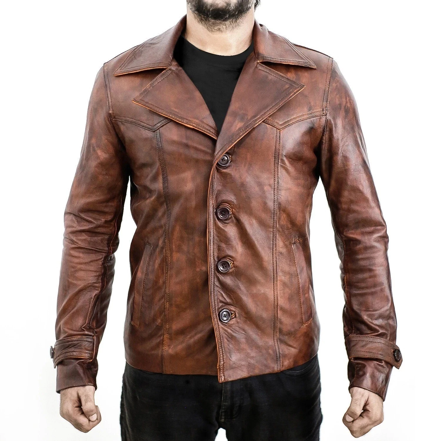 Men’s Western Distressed Sheepskin Leather Blazer Short Jacket Coat Style