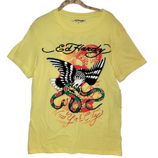 New ED HARDY S Eagle Snake Throwback Graphic Tee Tattoo NYC Lemon Yellow NWT Top