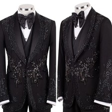 Rhinestone Men Suits Slim Fit Shawl Lapel Single Breasted Crystal Tuxedo Party