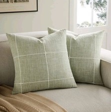 2 Pack Linen Grid Embroidery Throw Pillow Covers, 18x18 Inch, Green