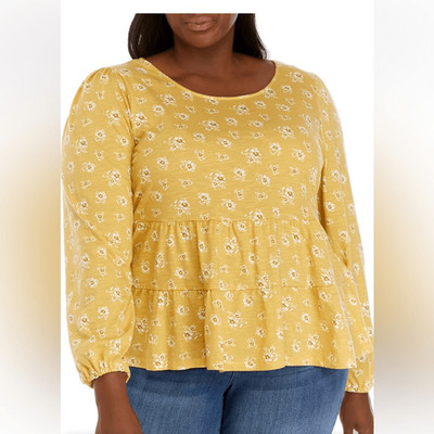 TRUE CRAFT Plus Size Long Balloon Sleeve Printed Tiered Knit Top, size 2X