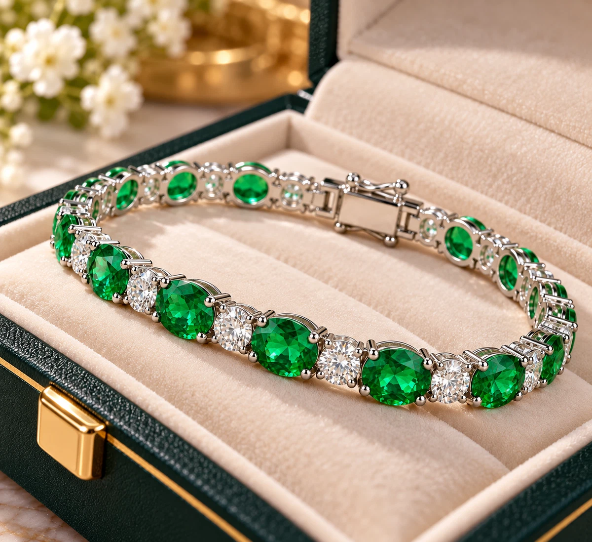 Natural  Emerald & Diamond Round Cut Wedding Bracelet 10K White Gold 15.50 CT