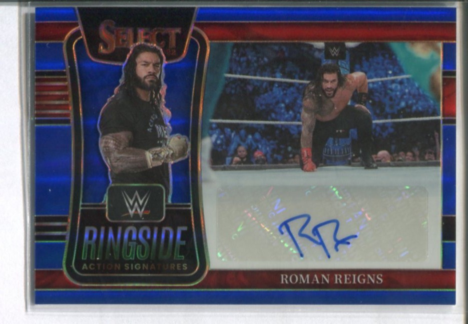 2022 PANINI SELECT WWE ROMAN REIGNS RINGSIDE ACTION BLUE PRIZM AUTO 37/49 E51