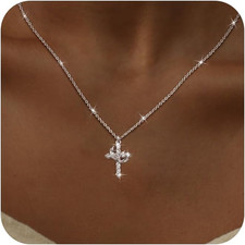 14K Gold Silver Rose Gold Crown Cross Necklace Women CZ Pendant Dainty Jewelry