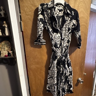 ZARA BASIC Black White Floral Collared Belted Shirt Dress 3/4 Sleeve M