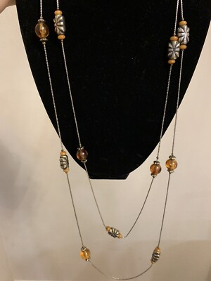 Vintage  14KGP Extra Long  61 in Chain Amber Beaded Necklace