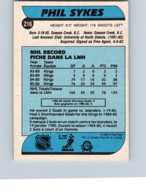 VINTAGE HOCKEY CARD O-PEE-CHEE 1986 LOS ANGELES KINGS PHIL SYKES