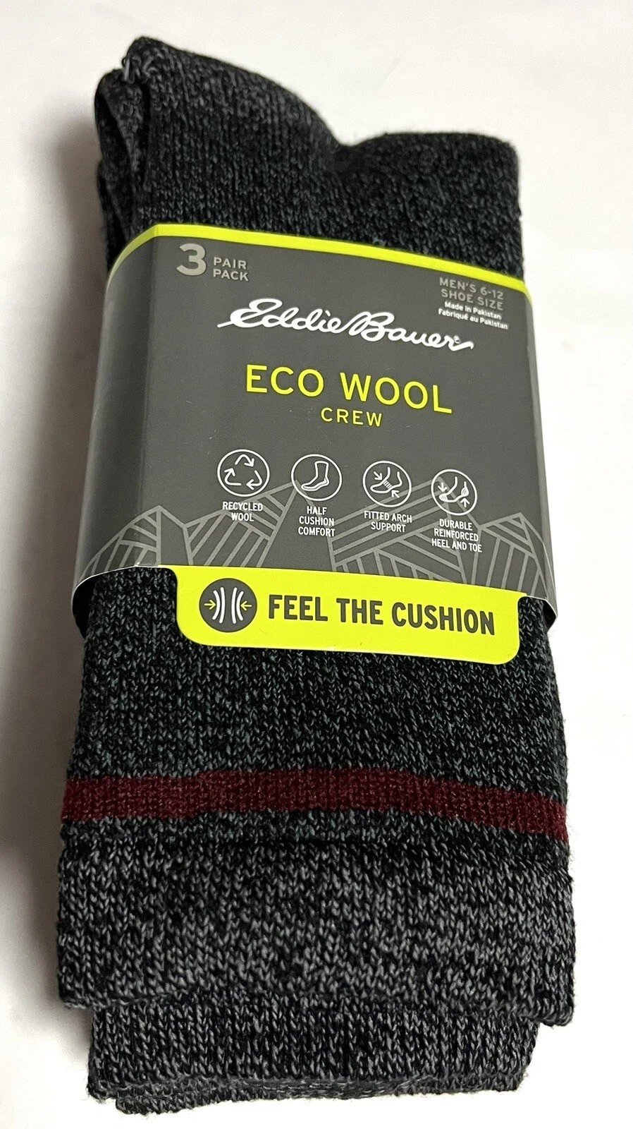 Eddie Bauer Eco Wool Men's Crew Socks 3 Pairs Size 6-12 Arch Support