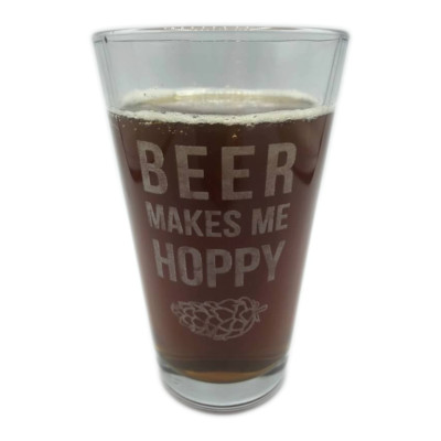BEER MAKES ME HOPPY Glass Engraved Beer Pint 16 oz Hops Funny Barware Brewmaster