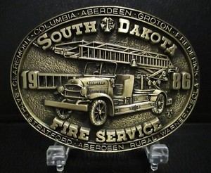 South Dakota Fire Service Hook & Ladder Truck Aberdeen Brass Belt Buckle 1986 SD