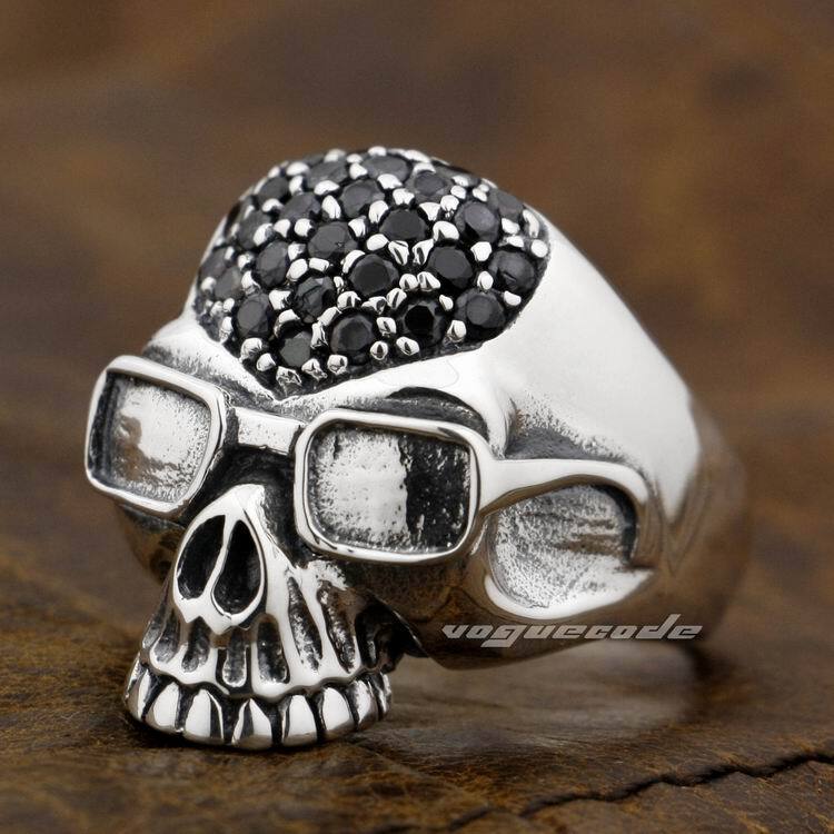 silver925 パイロットスカルリング 925 Sterling Silver Black CZ Stones Pilot Skull Ring Biker