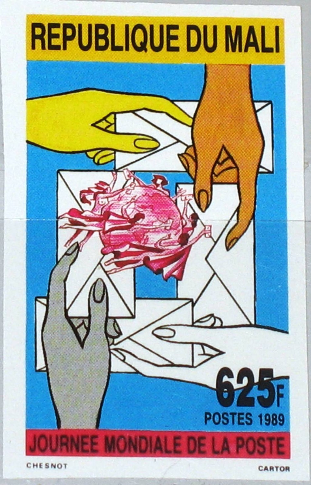 MALI 1989 1127 U 565 IMPERF Día Mundial del Correo Etiqueta Mundial Emblema Manos Correos MNH