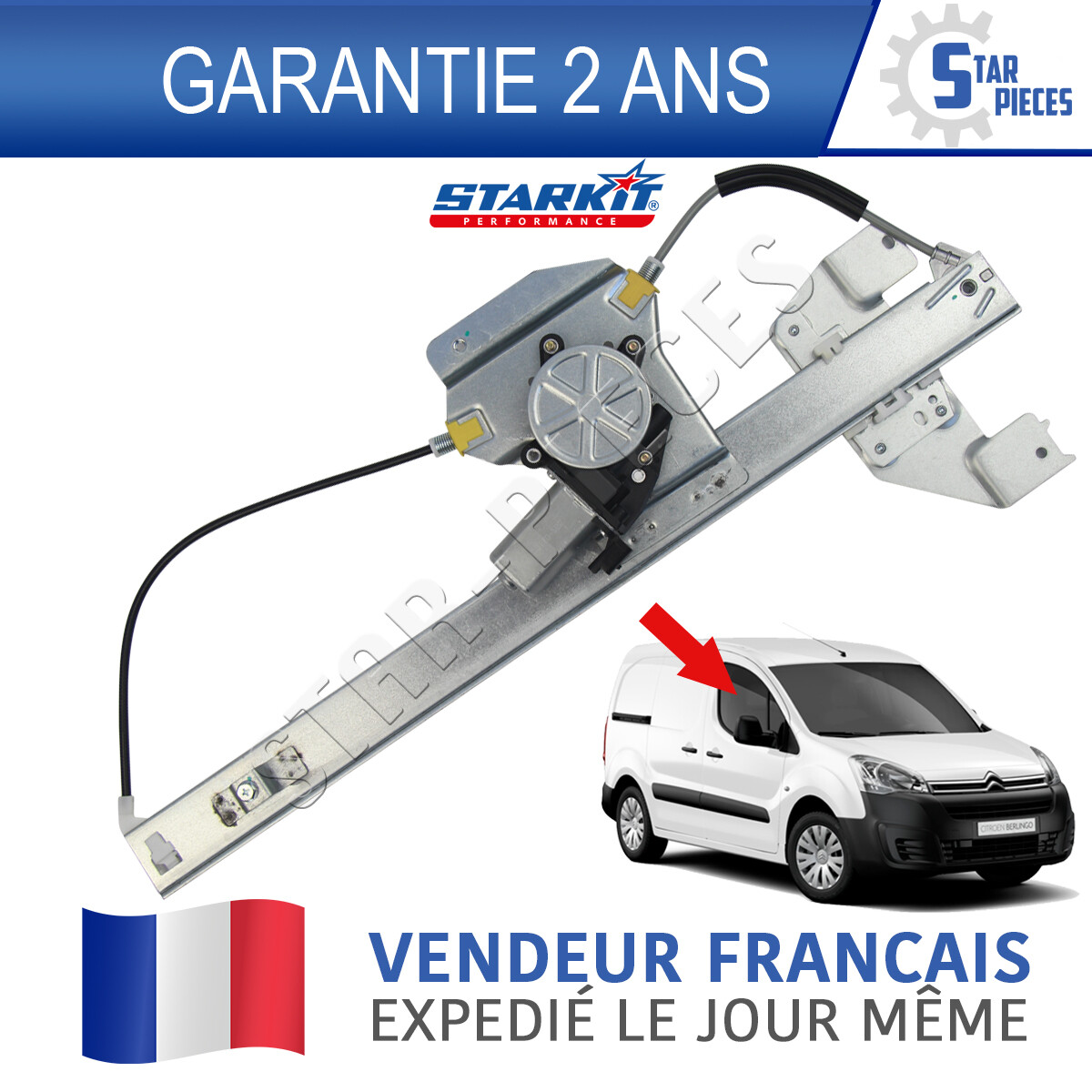 Lève-vitre avant droit Citroën Berlingo 2 Peugeot Partner 2008-2018 mécanisme moteur électrique