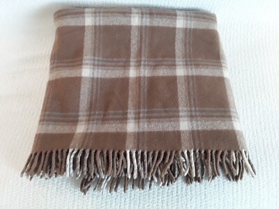 Pendleton Throw Blanket Stadium Lap 100% Wool Brown Blue Plaid Fringe  Tassels