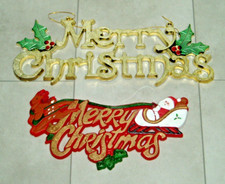 VINTAGE MERRY CHRISTMAS HANGING DOOR/WALL SIGNS/PLAQUES x 2 MED + LARGE RED/GOLD