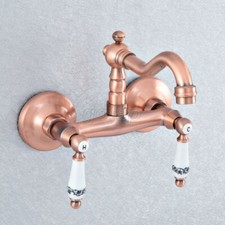 Antique Red Copper Bathroom Basin Sink Faucet Dual Handles Mixer Tap Wall Mount