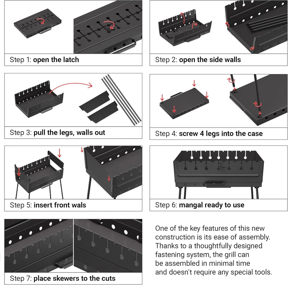 Grelha a carvão para 8 espetos churrasqueira portátil 16,9"×11,8"×16,9" Kabob Camp Gril - Imagem 3 de 4