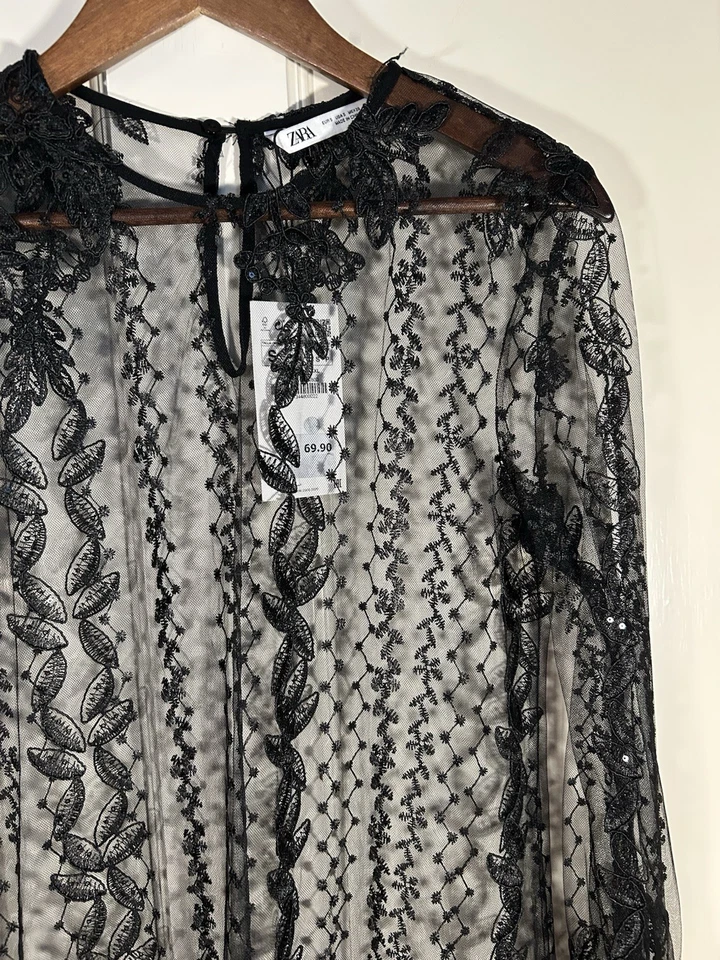 Zara Sheer Mesh Embroidered Sequined Boho Dress Womens Size Small Black NWT - Image 3 of 4