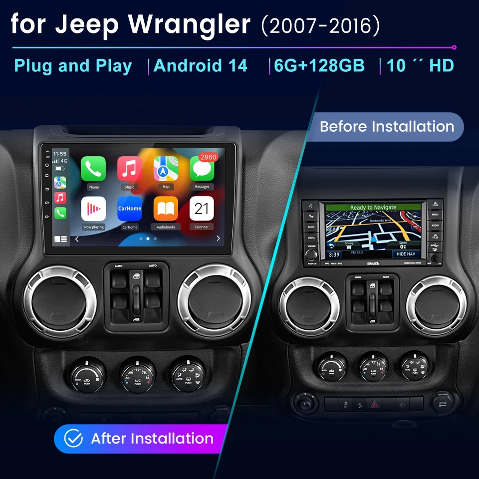 CAM 8Core 6+128GB Android14 Carplay Stereo Radio GPS for Jeep Wrangler 2007-2016 - Image 2 of 4
