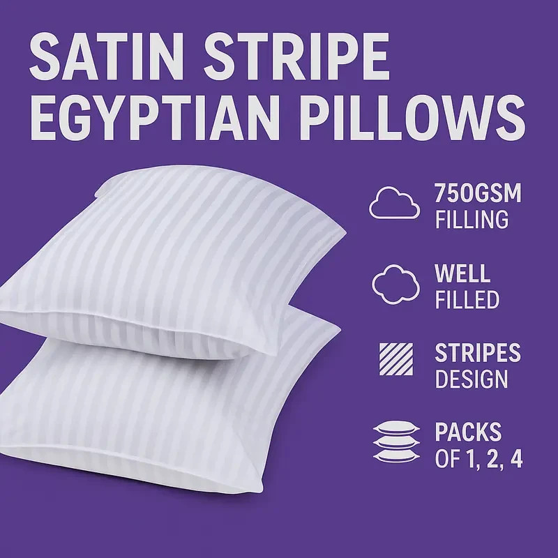 Hotel Quality Egyptian Stripe Pillows Luxury Soft Hollowfibre Filled - 2 Pack