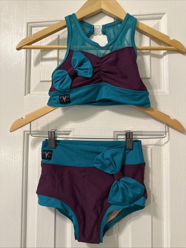 Kandi Kouture Dance Set CL 7/8 Teal Purple Bow Crop Top High Waist Briefs