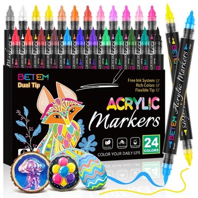 Betem Acrylic Paint Markers Dual Tip, 24 Colors High Capacity Automatic Ink C...