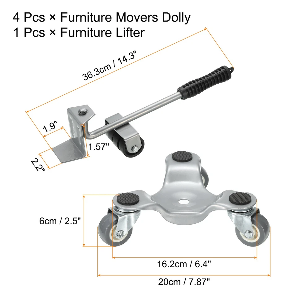 Möbelroller schwerer Möbel-Dreiecksroller mit 3 Rädern, Tragkraft 330 lb, Silber - Bild 2 von 4
