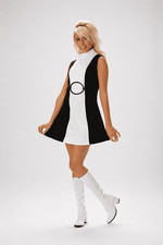 Ladies 60s 70s Mod Babe Dress Black White Retro GoGo Mini Fancy Dress Costume