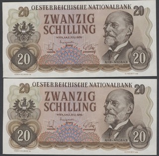 AUSTRIA 20 Schilling 1956 P.136a consecutive pair EF (FREE SHIPPING over £15)