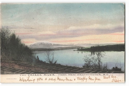 Der Fraser River von New Westminster, v. Chr., handkolorierte Vintage Postkarte CG4.