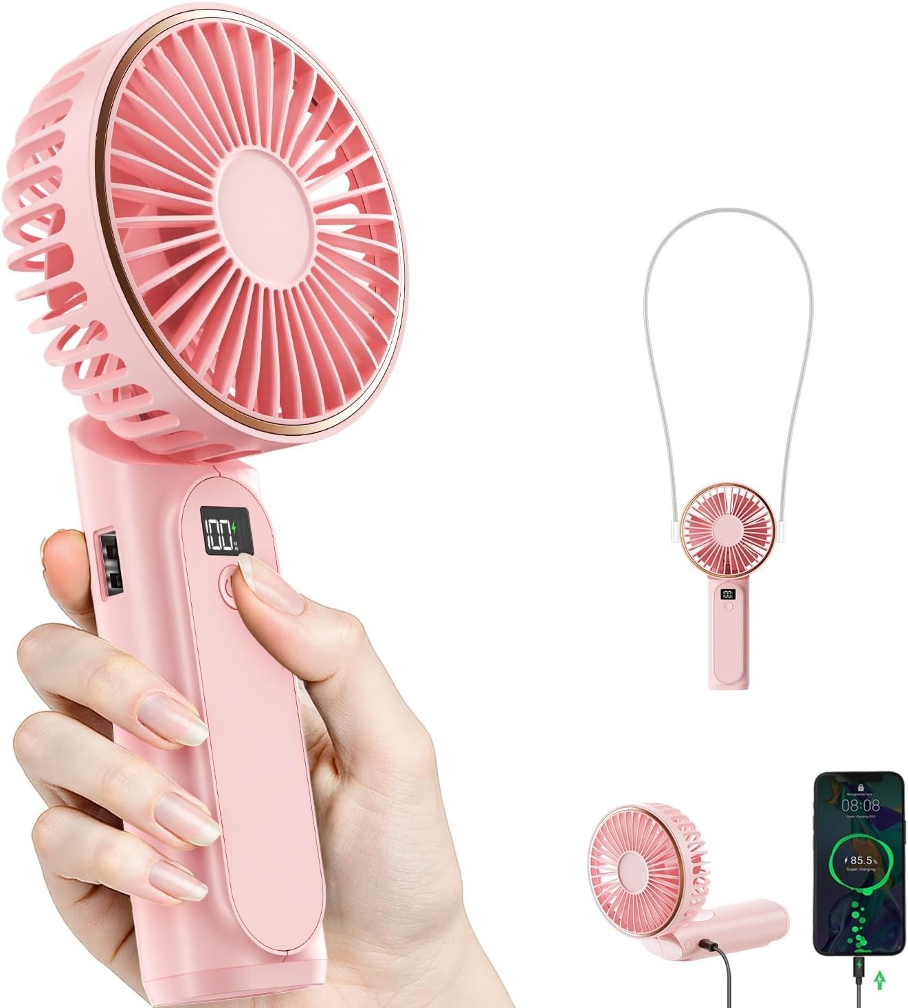 TUNISE Handheld Fan Rechargeable Portable Mini Desk Fan LED Power Bank 4000mAh