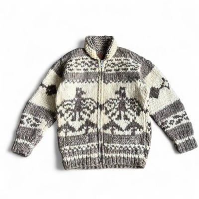 Herren Vintage Kisitau Cowichan Thunderbird braun creme Wolle Reißverschluss Strickjacke
