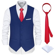 Men s Suit Vest 3-Piece Slim Fit Satin Back Formal Waistcoat 5X-Large Blue
