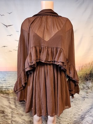 Nwt Commense Brown Semi-Sheer Chiffon Ruffle Dress with Cape Overlay  Large
