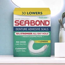 Sea Bond Secure Denture Adhesive Seals Fresh Mint Lowers Zinc Free Box of 30