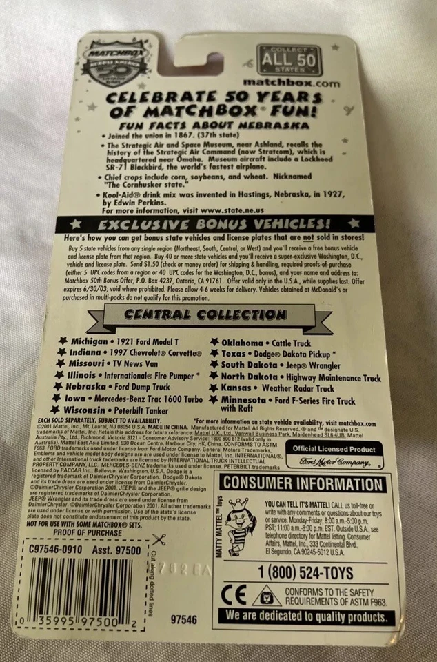 Camión de volteo Mattel Matchbox Across America 2001 Nebraska Ford  Foto 4 de 4