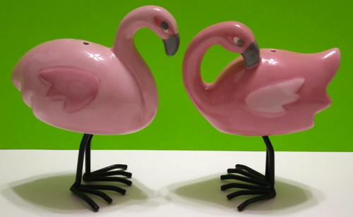 Pink 4" Flamingo Salt & Pepper Shaker Body Ceramic Legs Metal - Picture 11 of 19