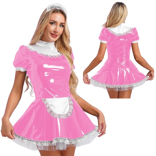 Womens Sexy Dress Shiny Metallic Cosplay Party Dress Up Wet Look Lace Apron - Picture 25 of 35
