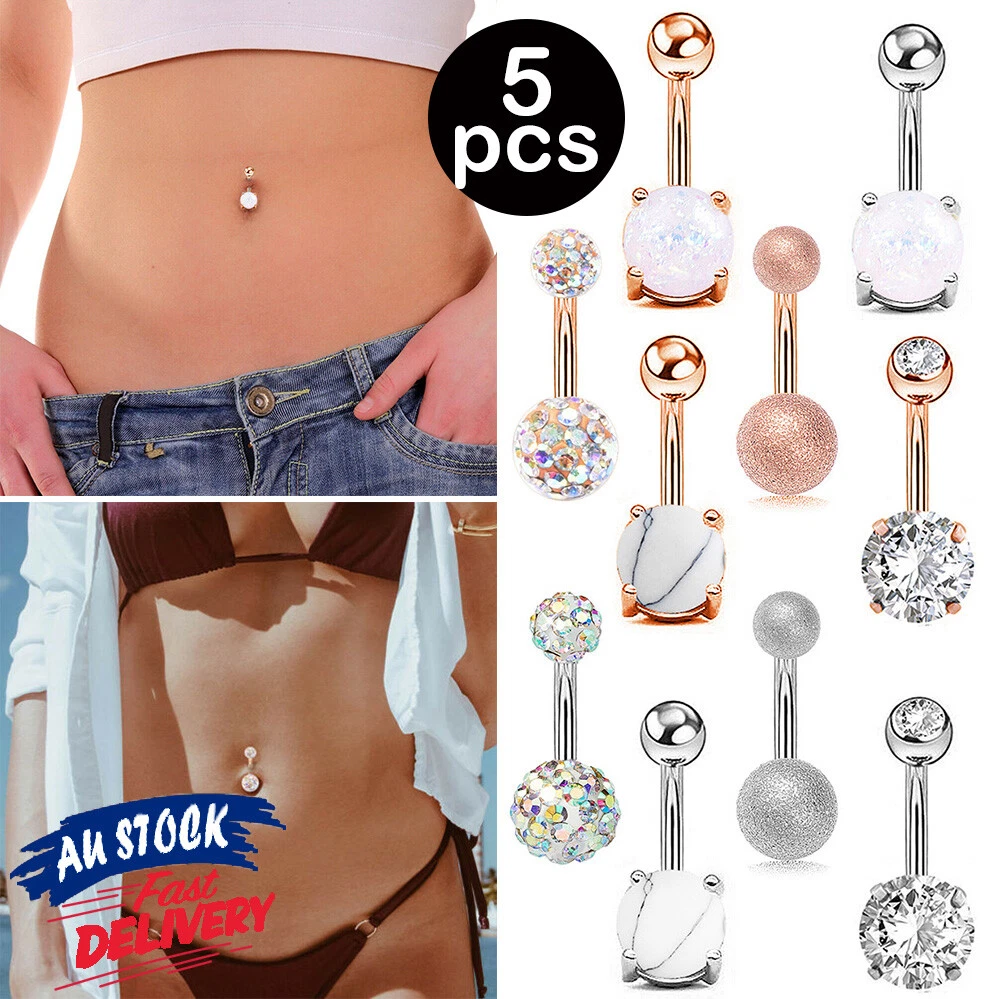 5PCS Belly Bars Piercing Steel Stone Surgical Body Button Jewellery Navel Rings