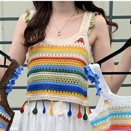 New Sleeveless Dress Colorful Stripes Openwork Tassels Jokers Stitching Clothing - Picture 4 of 11