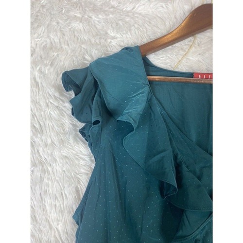 Elle Women’s Size L Top Blouse Teal Flowy Printed Ruffle elegant - Picture 2 of 9
