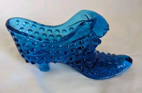 Vintage Fenton Art Glass Colonial Blue Hobnail Cat Head Slipper Shoe - 3995 CB