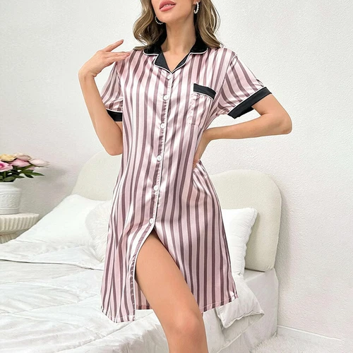 Damen Seide Satin Nachthemd Kurzarm Button-Down Pyjama Nachtwäsche Homewear - Bild 24 von 47