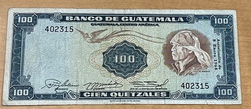 GUATEMALA 100 QUETZALES 1964 P50e 40.000 GEDRUCKTE Schilder: Orellana/Asturien/Lazo