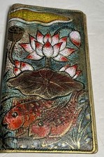 Jane Yoo Vintage Hand Painted Leather Checkbook Cover Wallet Koi Fish Lotus